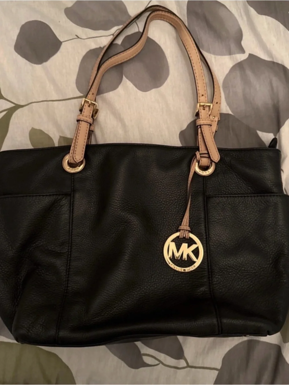 Michael Kors Black Pebbled Leather Tote with Tan Handles and Gold MK Charm